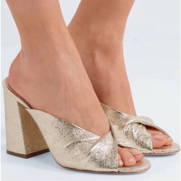 Loeffler Randall Women's Laurel Leather Flared Block Heel Gold Slide Sandals 6.5 - Picture 2 of 12